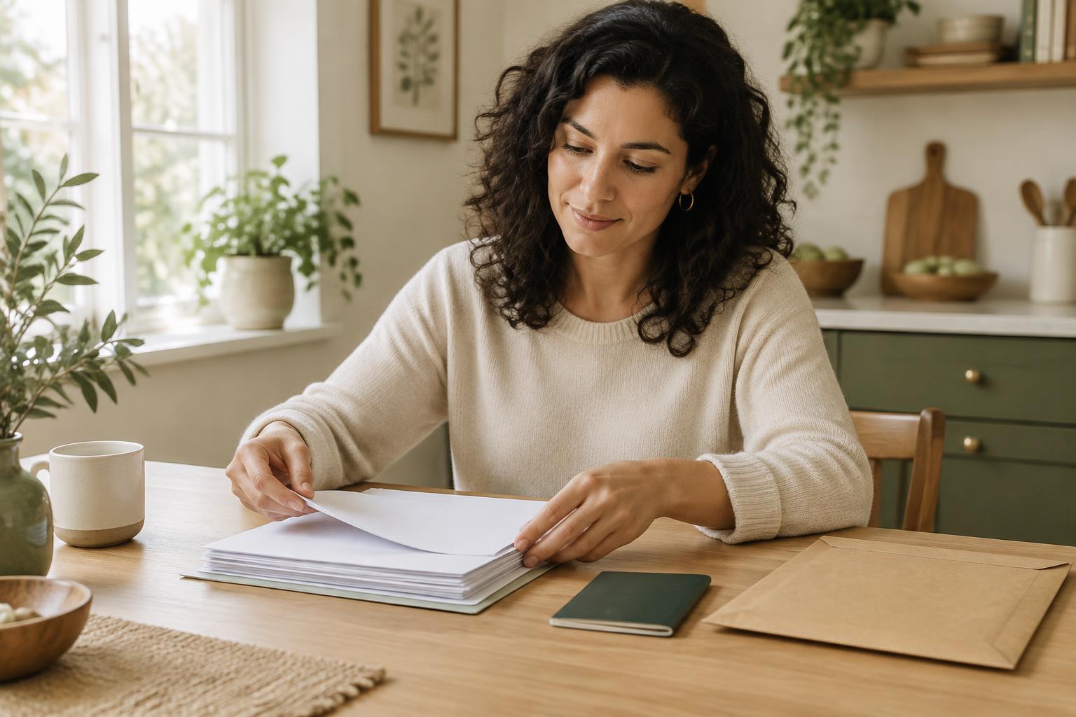 Client organizing important documents and a passport at home for use abroad, with apostille help in English and Spanish