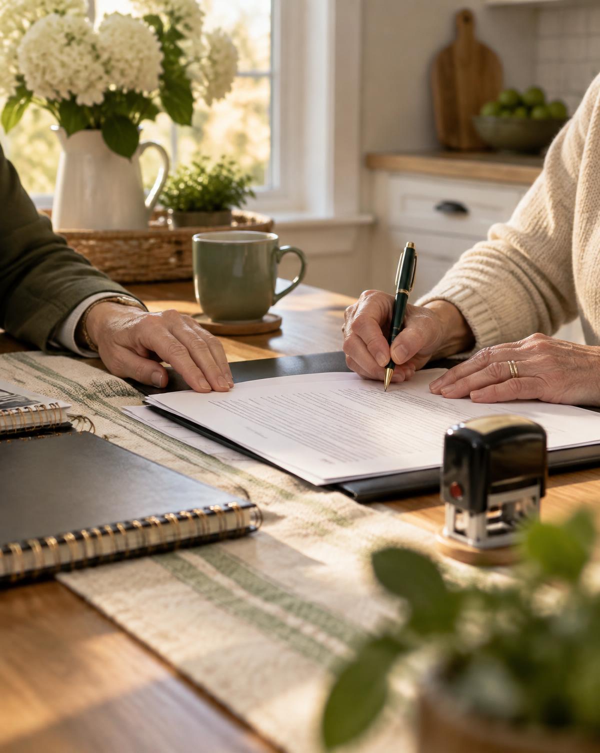 Client signing estate planning documents at a kitchen table with a notary