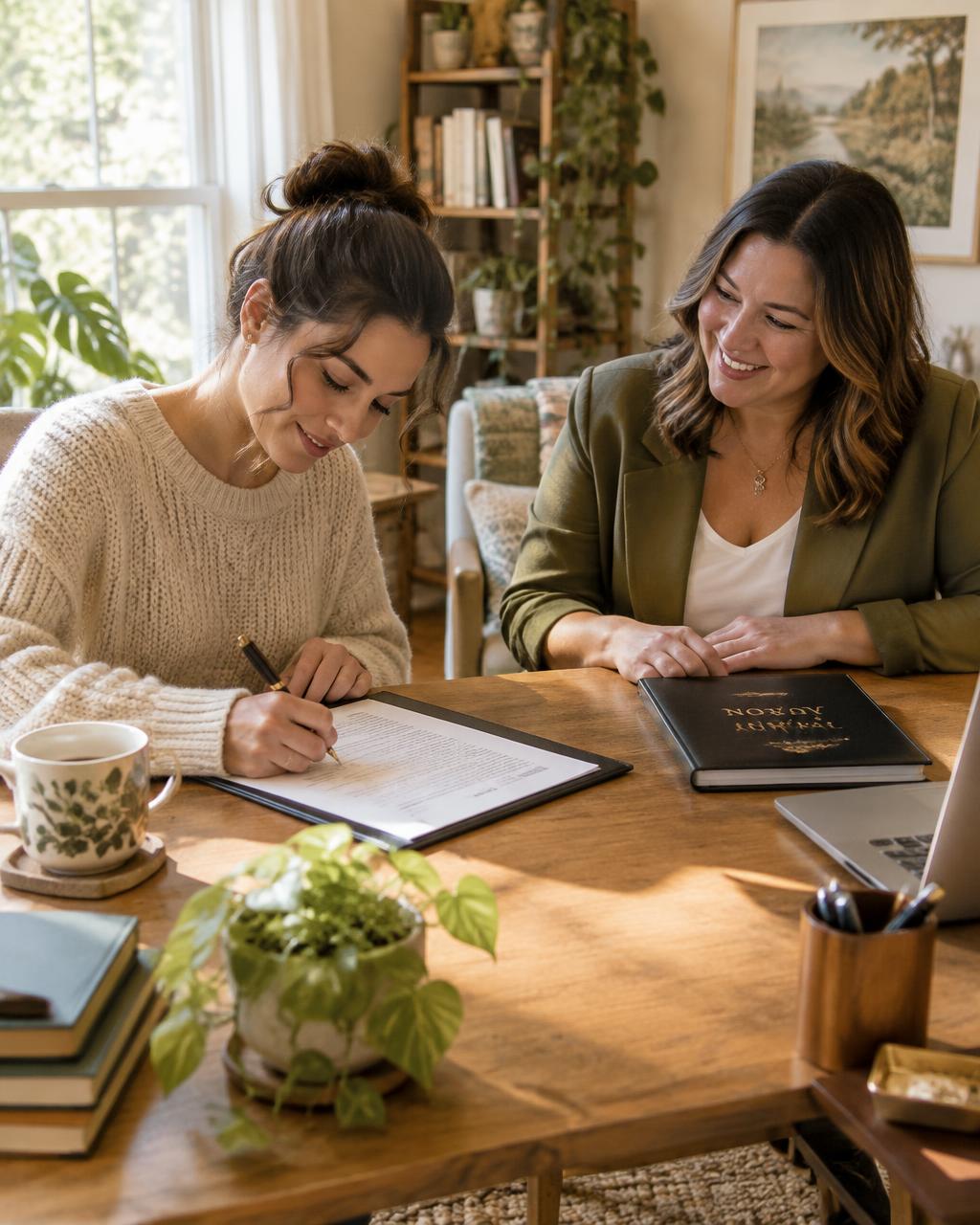 Client signing a document at a home office table with a mobile notary