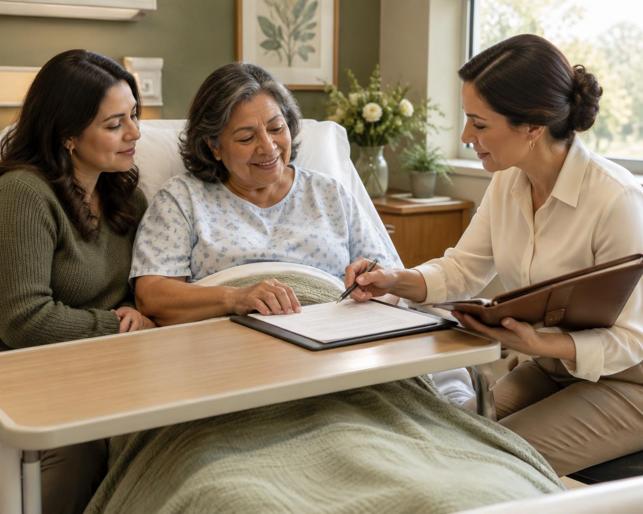 Hospital bedside notary appointment with a patient, her daughter and a mobile notary