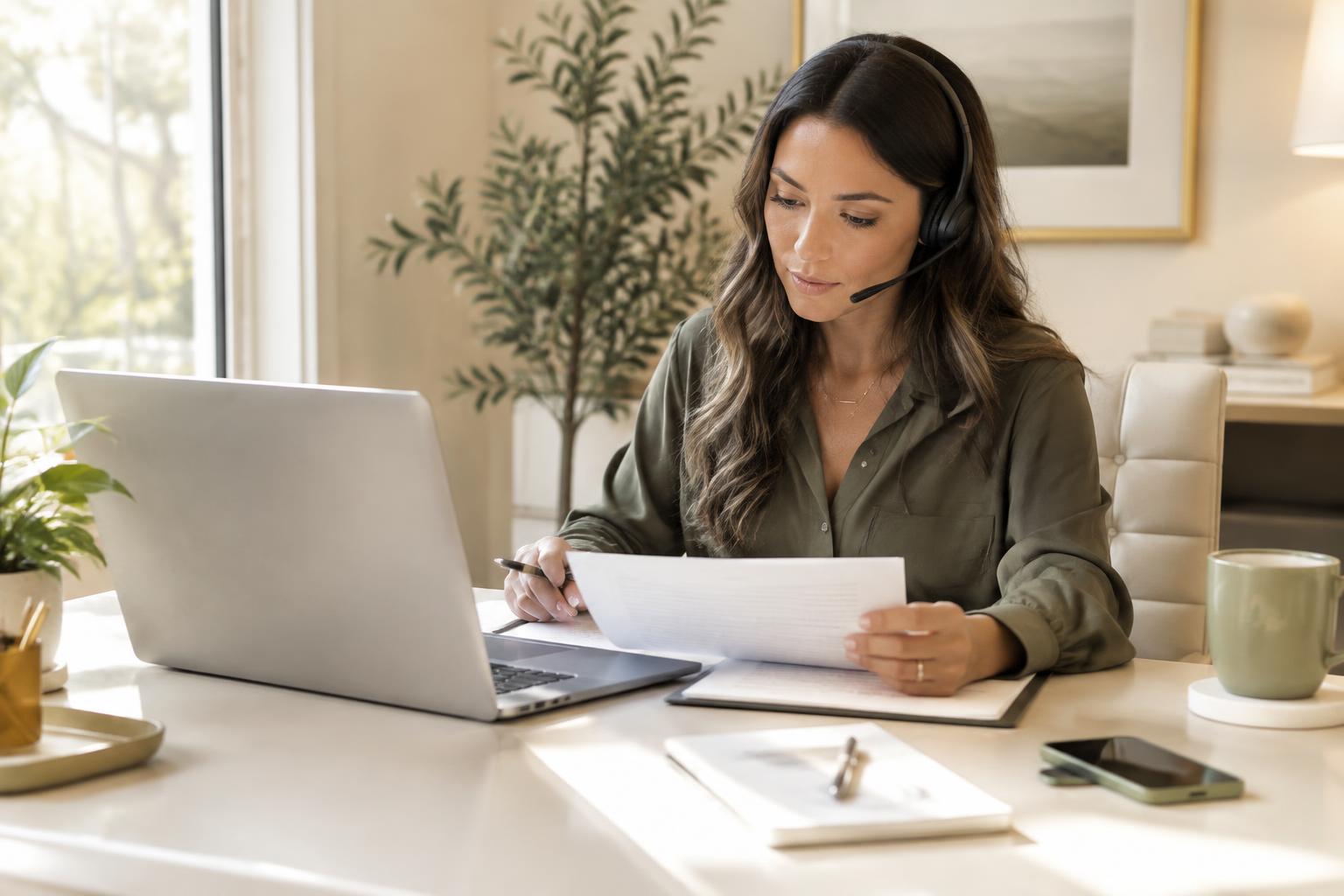 Escrow professional coordinating a signing order remotely while the San Diego County signing is handled locally
