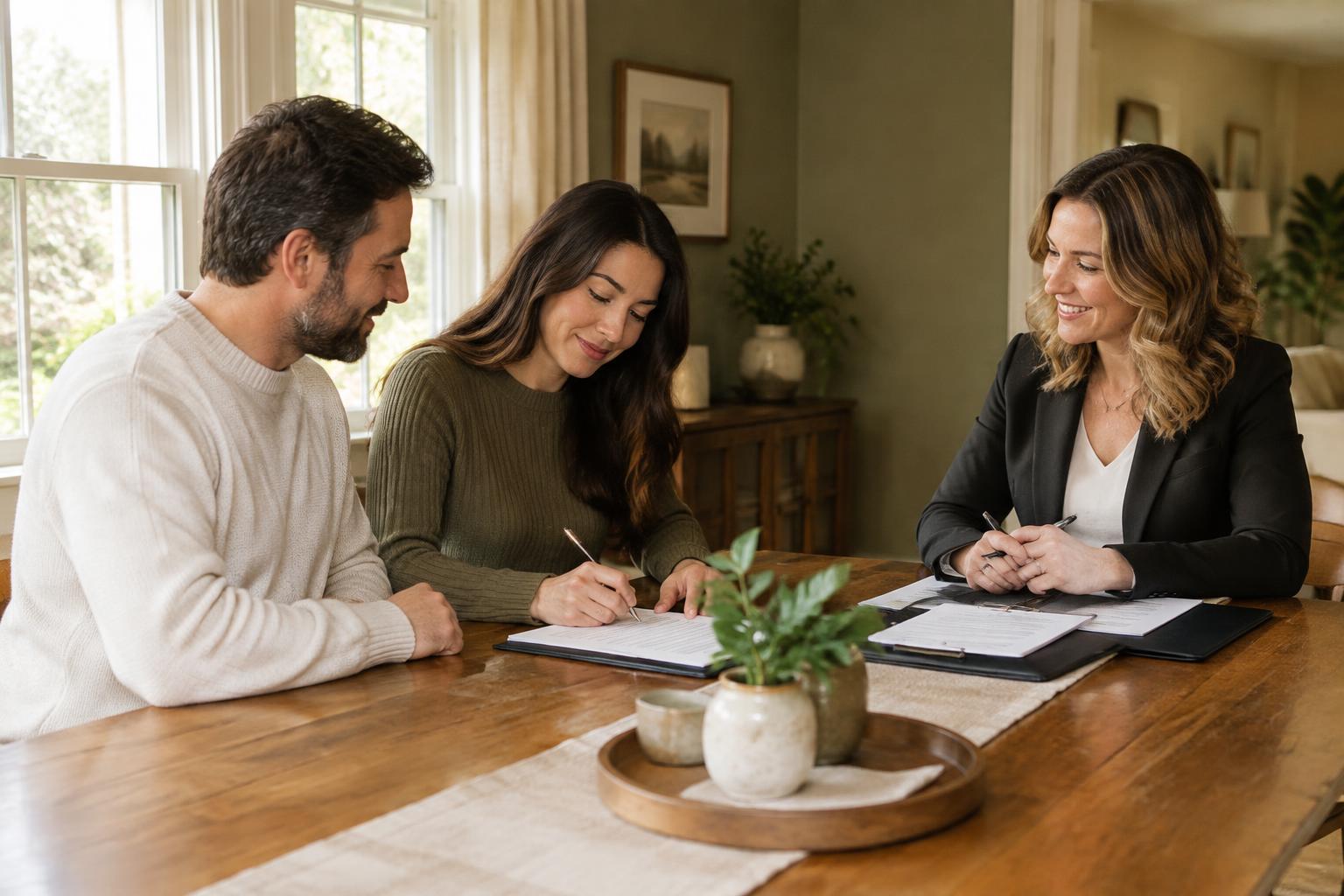 Homeowners signing a loan document package at their dining table with a mobile notary signing agent