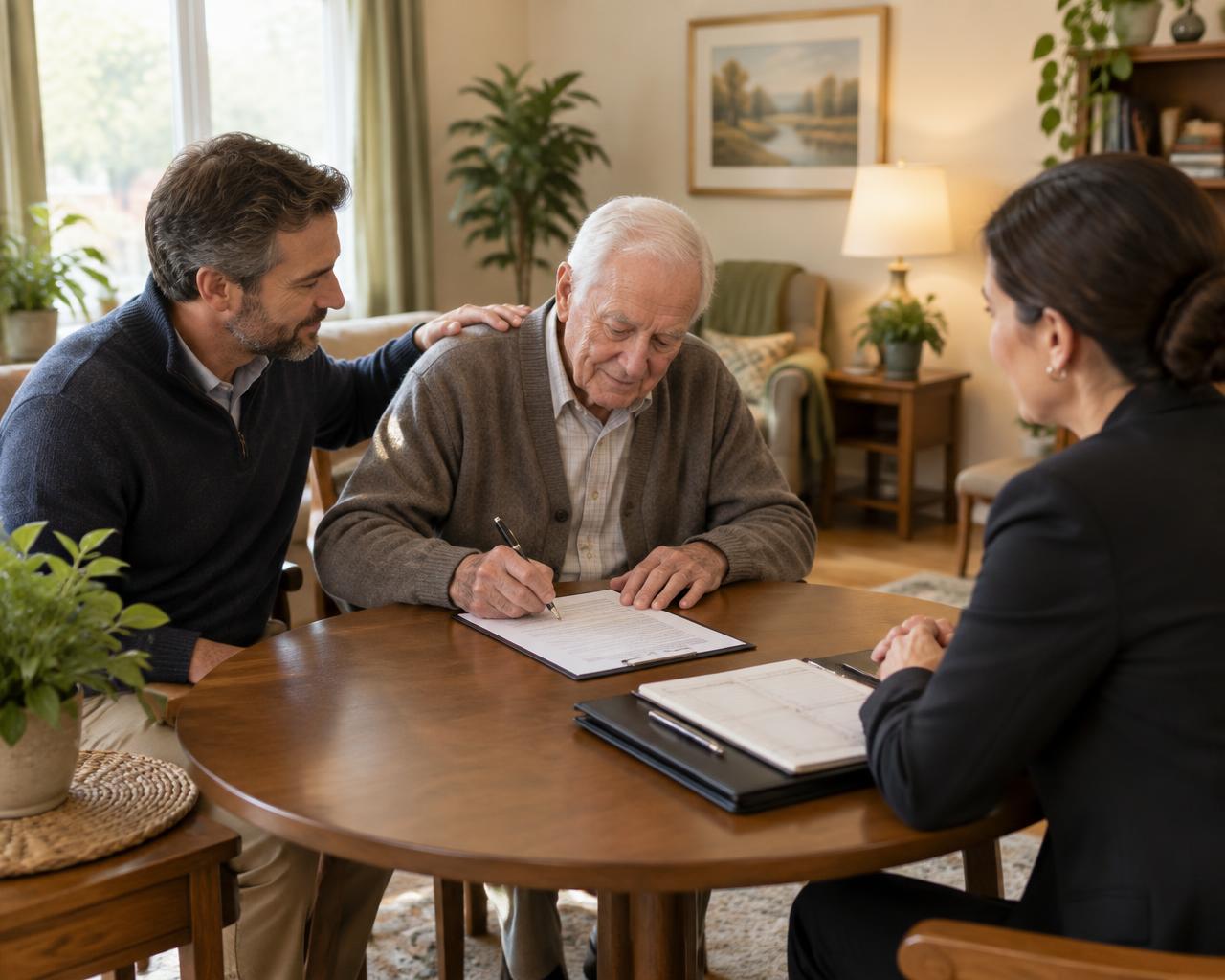 Assisted living notary appointment with an older man, his son and a mobile notary